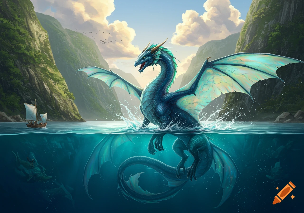 A large blue-green dragon with wings emerges from the water, splashing in a fjord surrounded by mountains. A sailboat is in the distance, digital art.