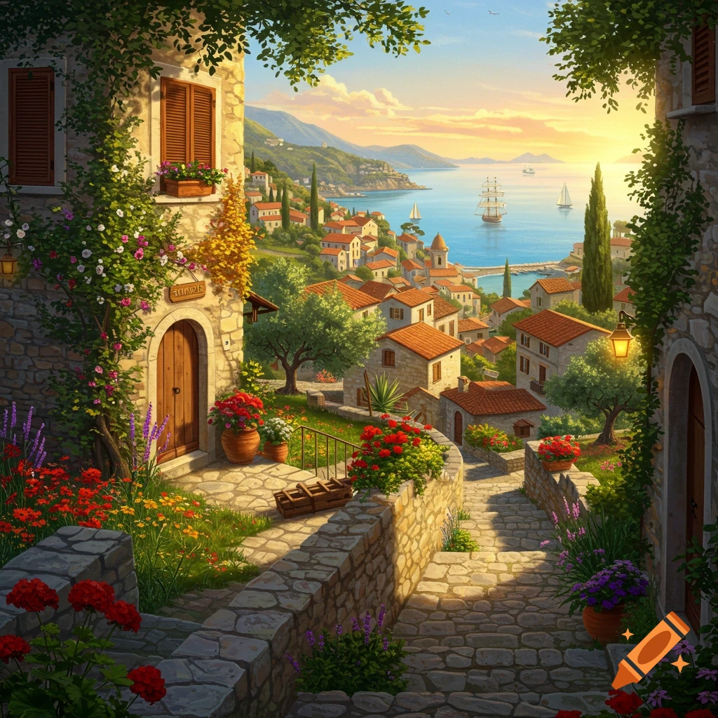 A vibrant painting of a sunlit Mediterranean village by the sea, with colorful flowers, stone buildings, and ships sailing in the distance.