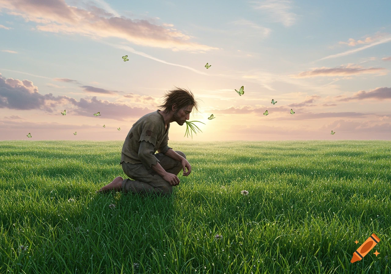 A disheveled man kneels in a vast green field, eating grass, as glowing butterflies fly under a pastel sunset. Photorealistic.