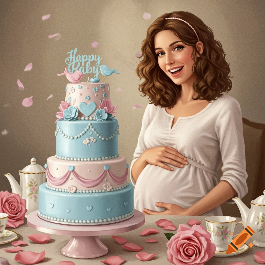 Illustration of a smiling pregnant woman at a baby shower with a multi-tiered cake decorated with 'Happy Baby' topper, roses, and teacups.