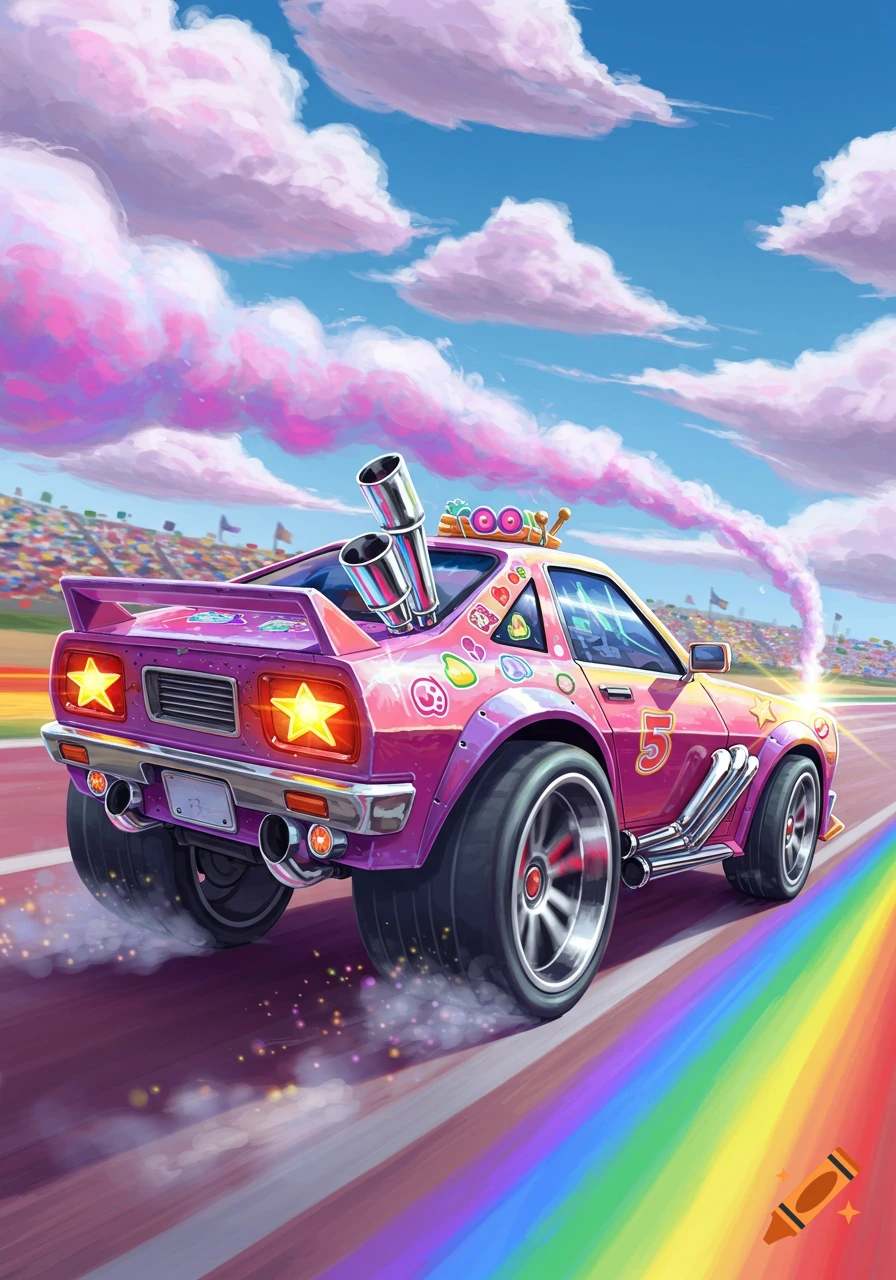 A vibrant pink race car with star-shaped taillights and exhaust pipes, leaving a rainbow trail on a track, under a blue sky with pink clouds, in a cartoon style.