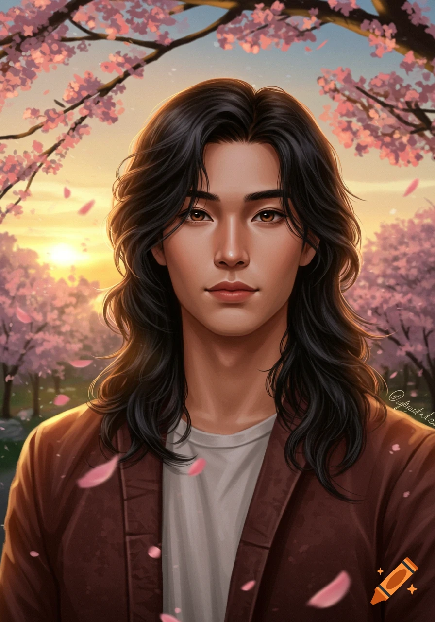A handsome young Asian man with long wavy black hair and brown eyes, wearing a brown jacket, amidst pink cherry blossoms at sunset.