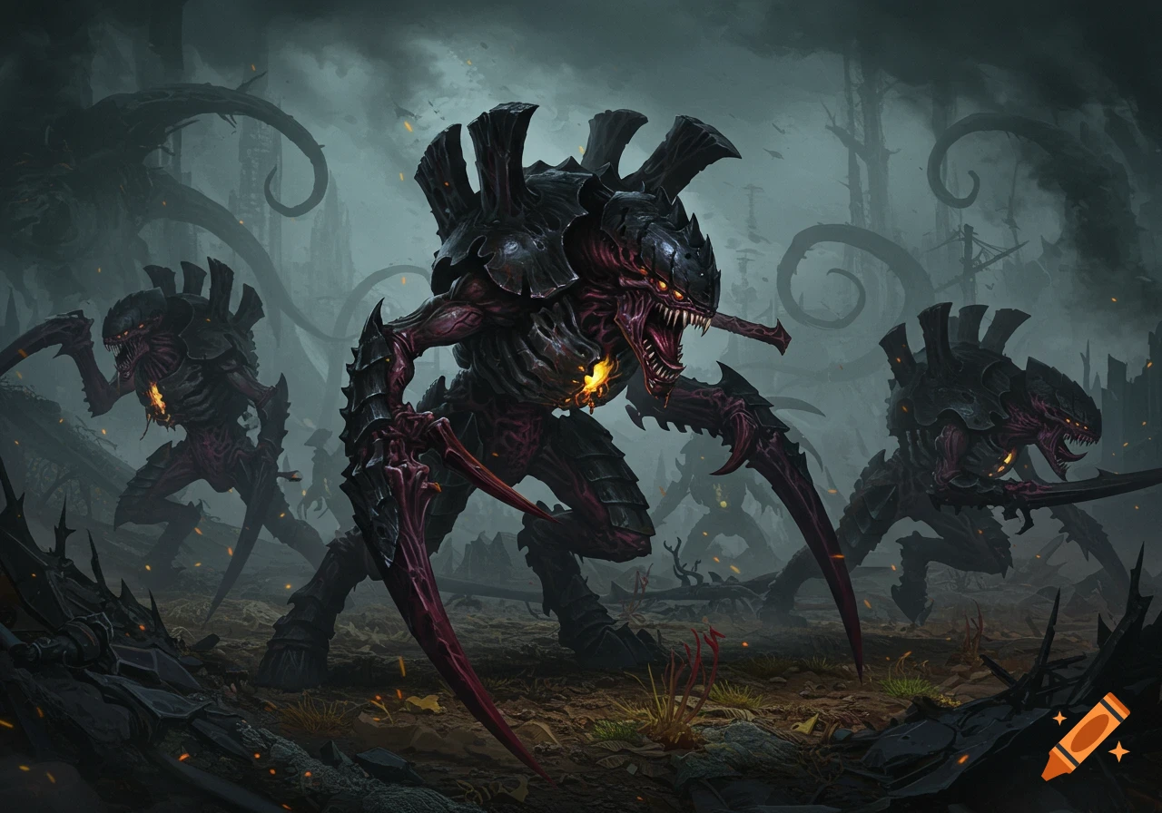 Three dark, armored Tyranid alien monsters with glowing eyes and sharp claws stand on a desolate, stormy battlefield.