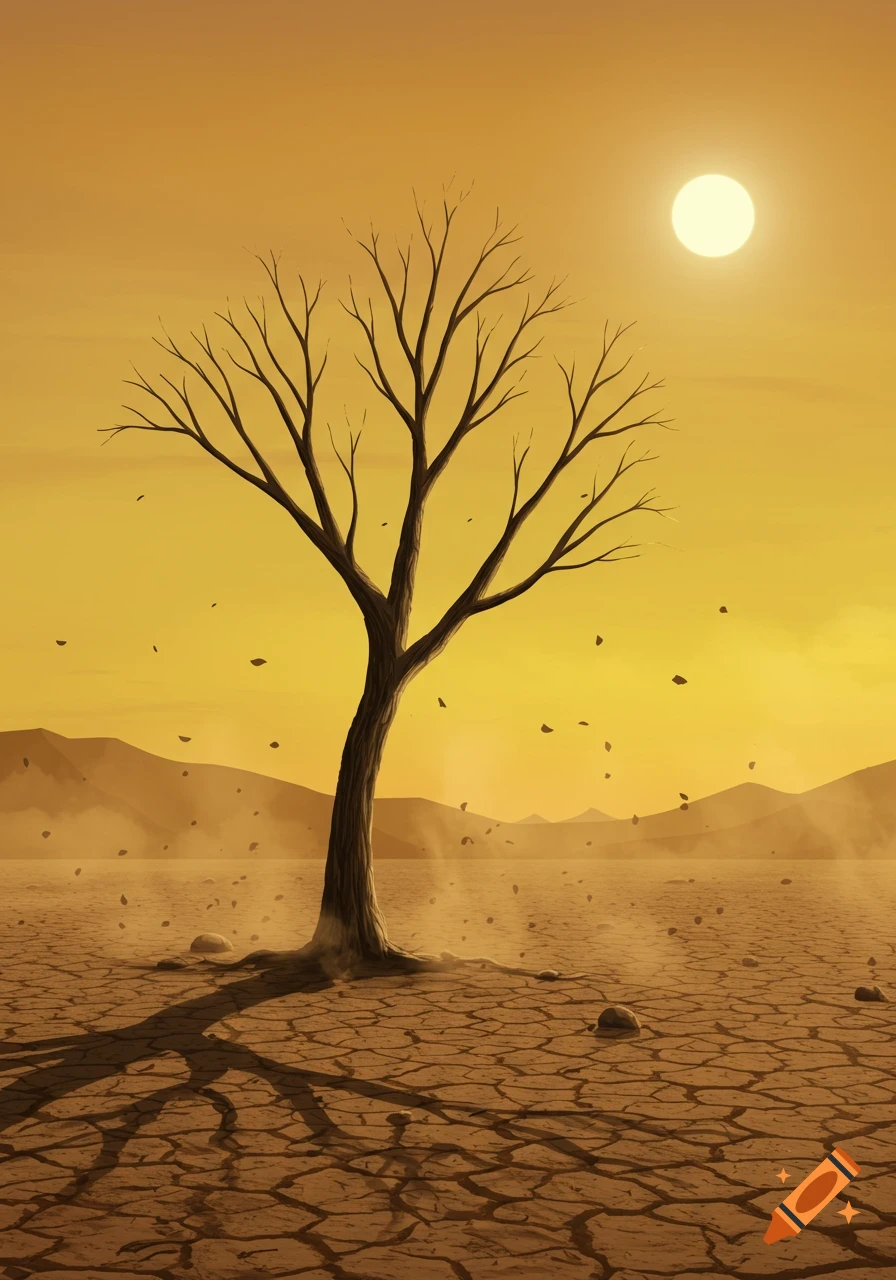 A barren tree with exposed roots stands on cracked, dry earth under an orange sky with a bright sun and distant mountains.