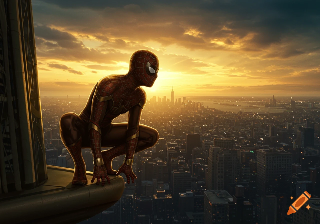 Spider-Man crouches on a skyscraper ledge, looking over a sprawling cityscape at sunset.