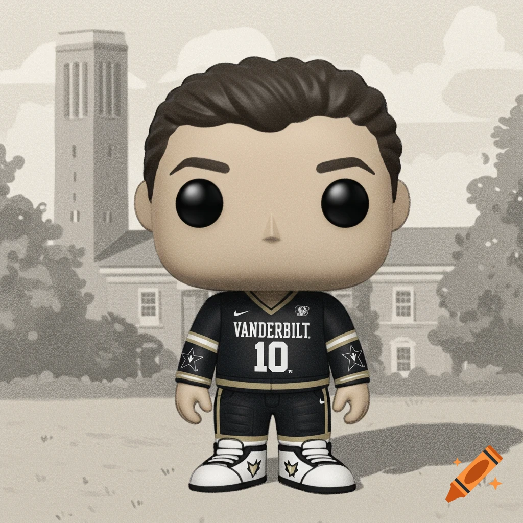 A stylized illustration of a Funko Pop figure in a black Vanderbilt #10 sports jersey, standing before a university building and trees.