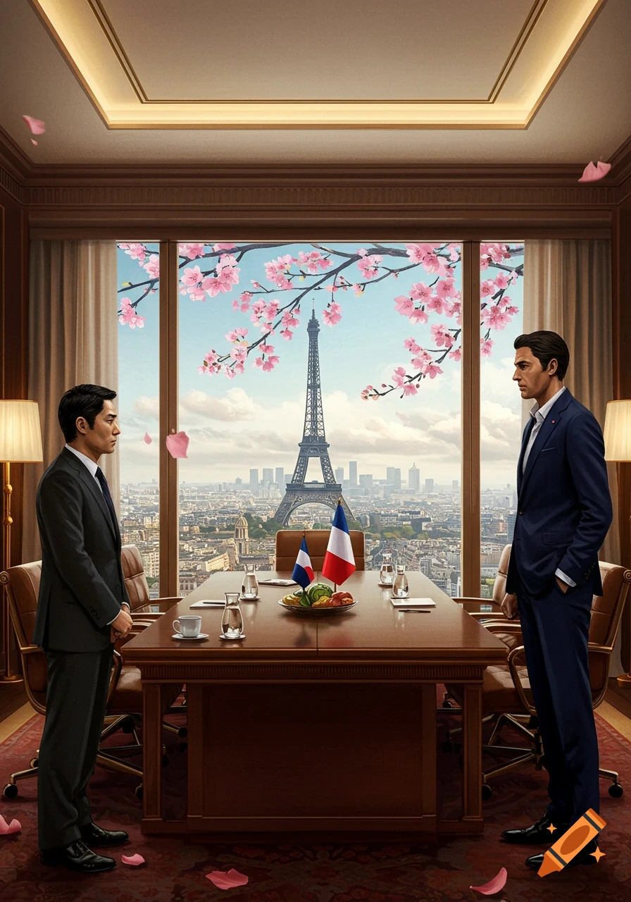 Two men in suits in a luxurious Paris meeting room, Eiffel Tower and cherry blossoms visible through the window.