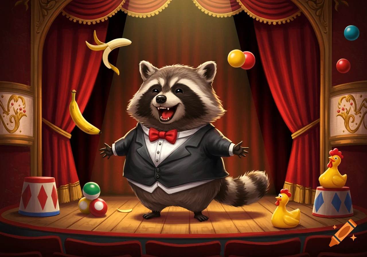 A happy cartoon raccoon in a black tuxedo and red bow tie juggles bananas and colorful balls on a circus stage with red curtains.
