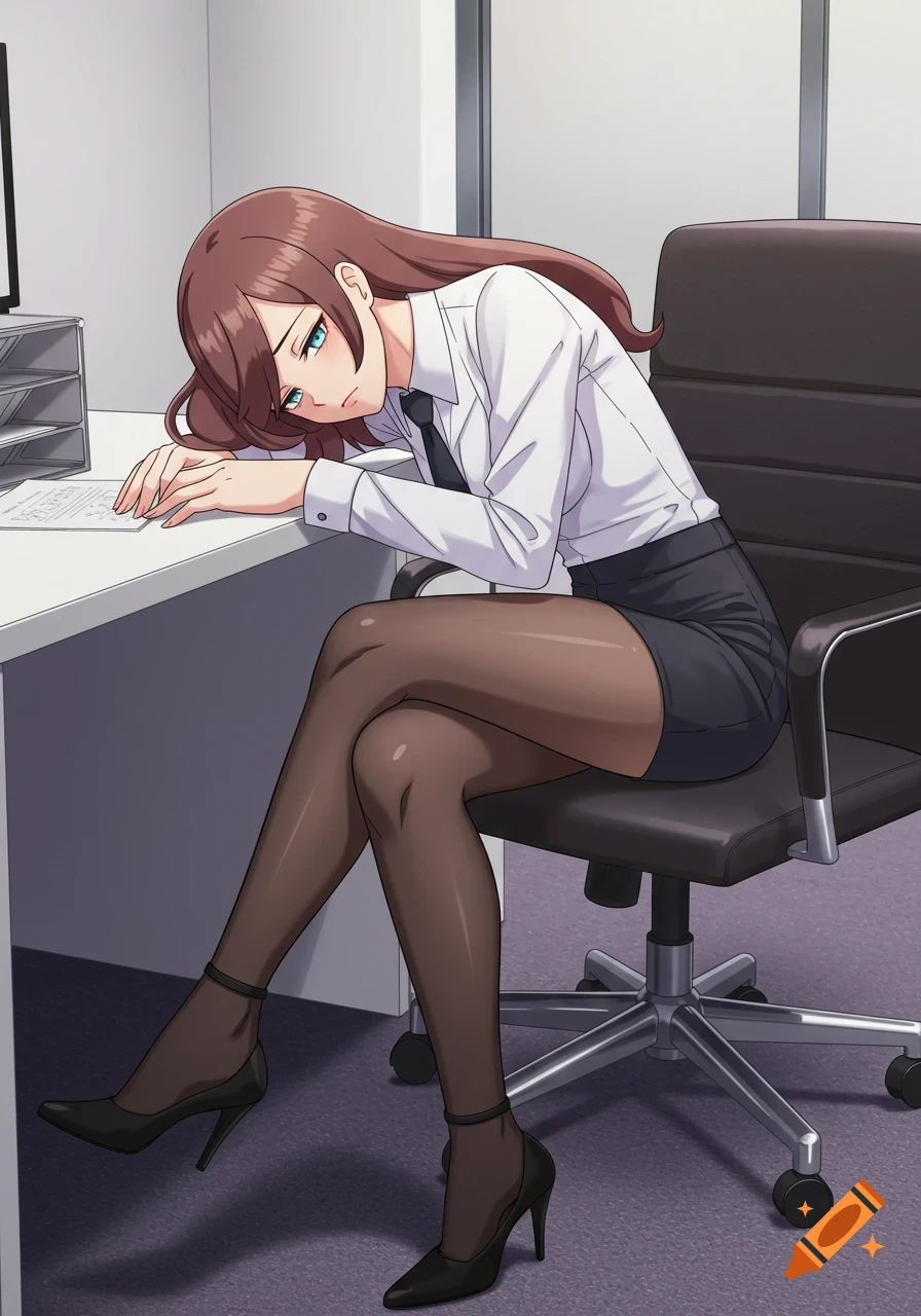 A tired anime woman with brown hair and blue eyes, wearing a white blouse, black tie, pencil skirt, sheer tights, and heels, leans her head on an office desk.