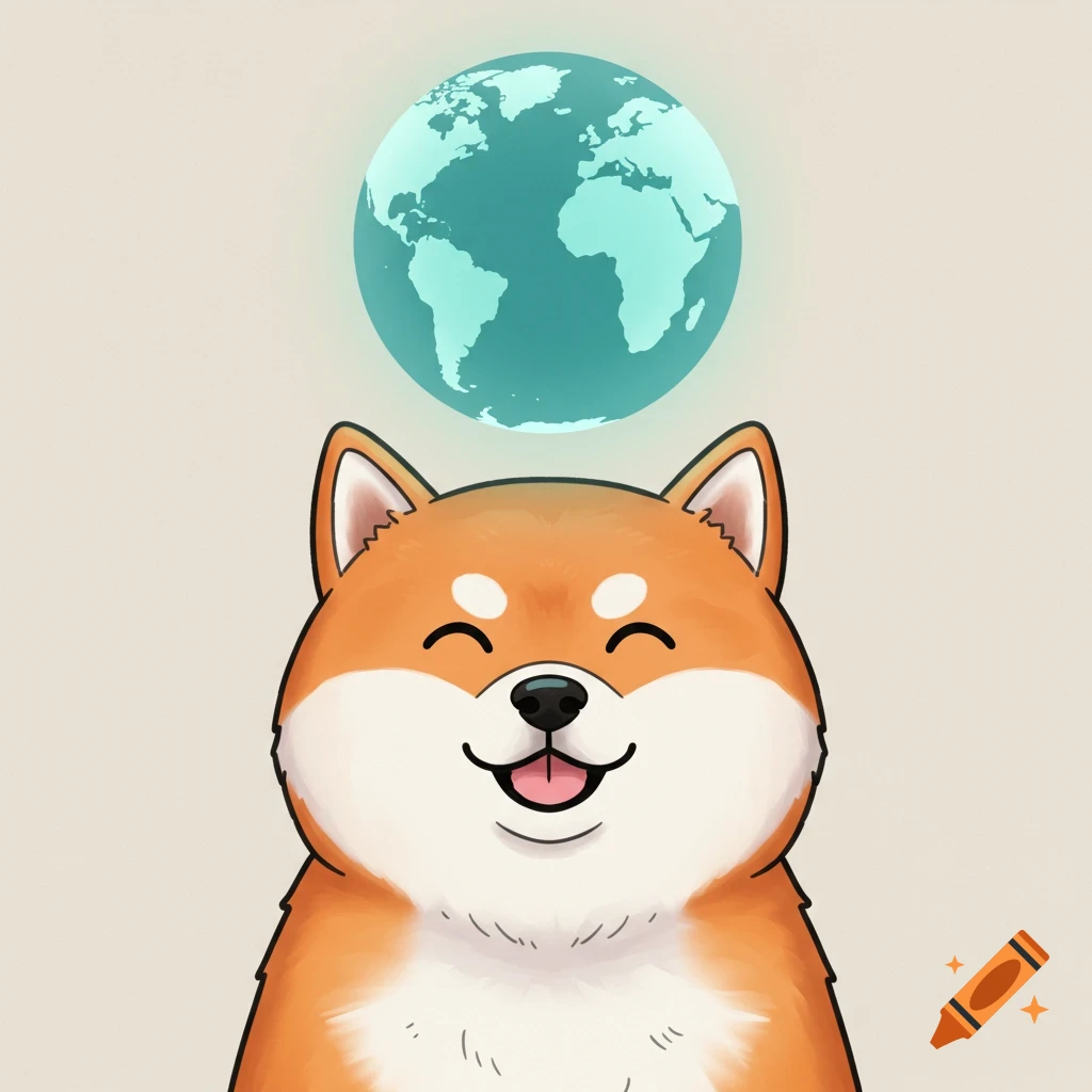 Cute cartoon Shiba dog smiling with a glowing teal globe hovering above its head, against a light background.