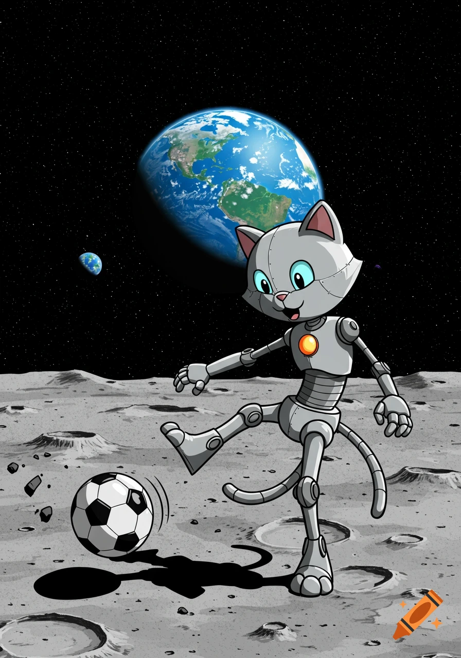 A cartoon robot cat plays soccer on the moon with planet Earth visible in the dark background.