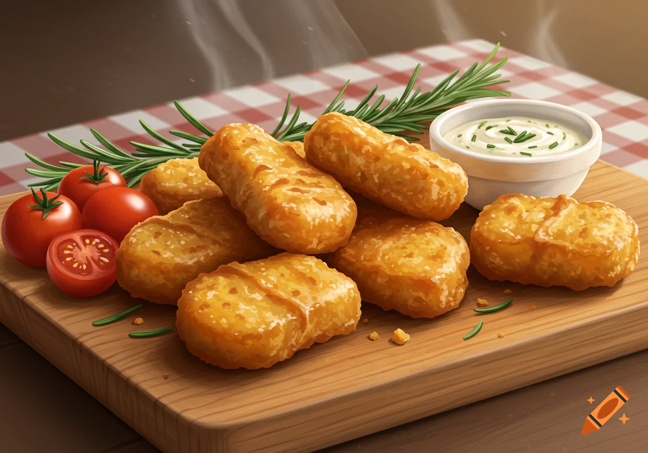 Golden fried chicken nuggets, red tomatoes, fresh rosemary, and creamy dip on a wooden board with a checkered background.