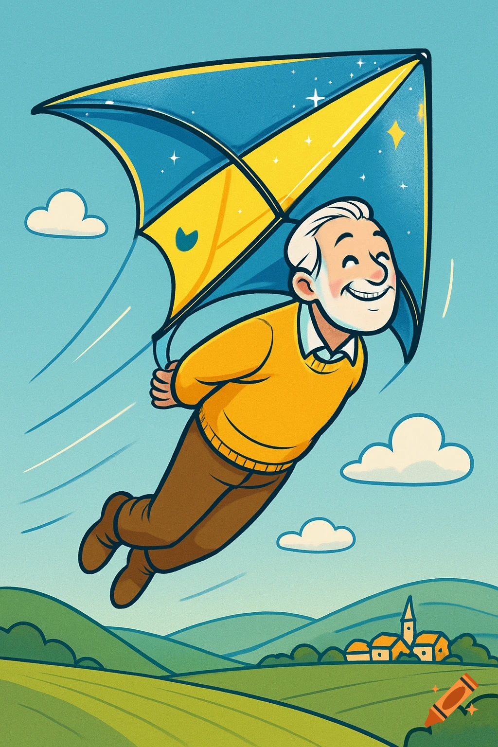 Cartoon illustration of a cheerful elderly man flying high in the sky with a large blue and yellow kite over green hills.