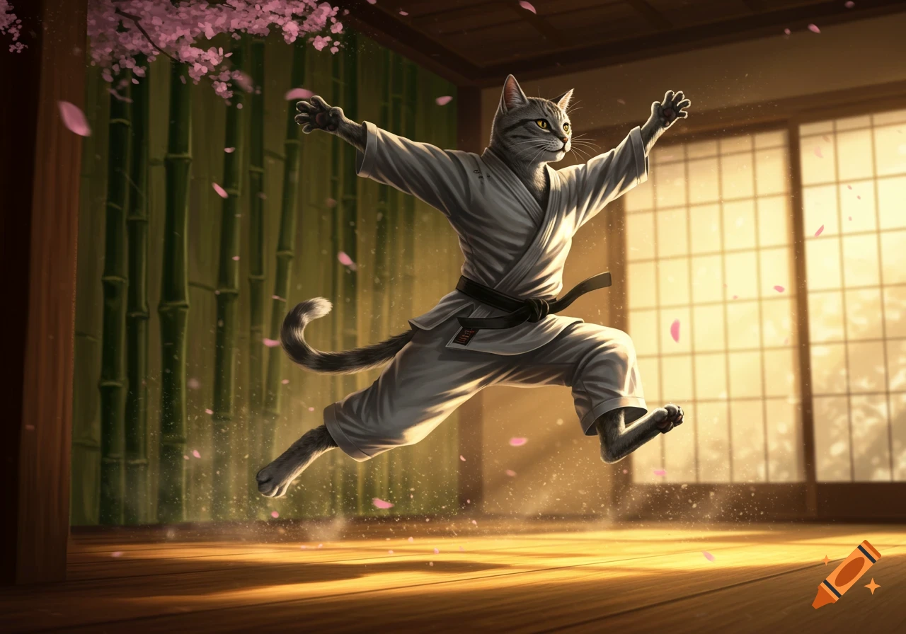 A grey tabby cat in a white karate gi and black belt leaps mid-air in a Japanese dojo, with bamboo and cherry blossoms.