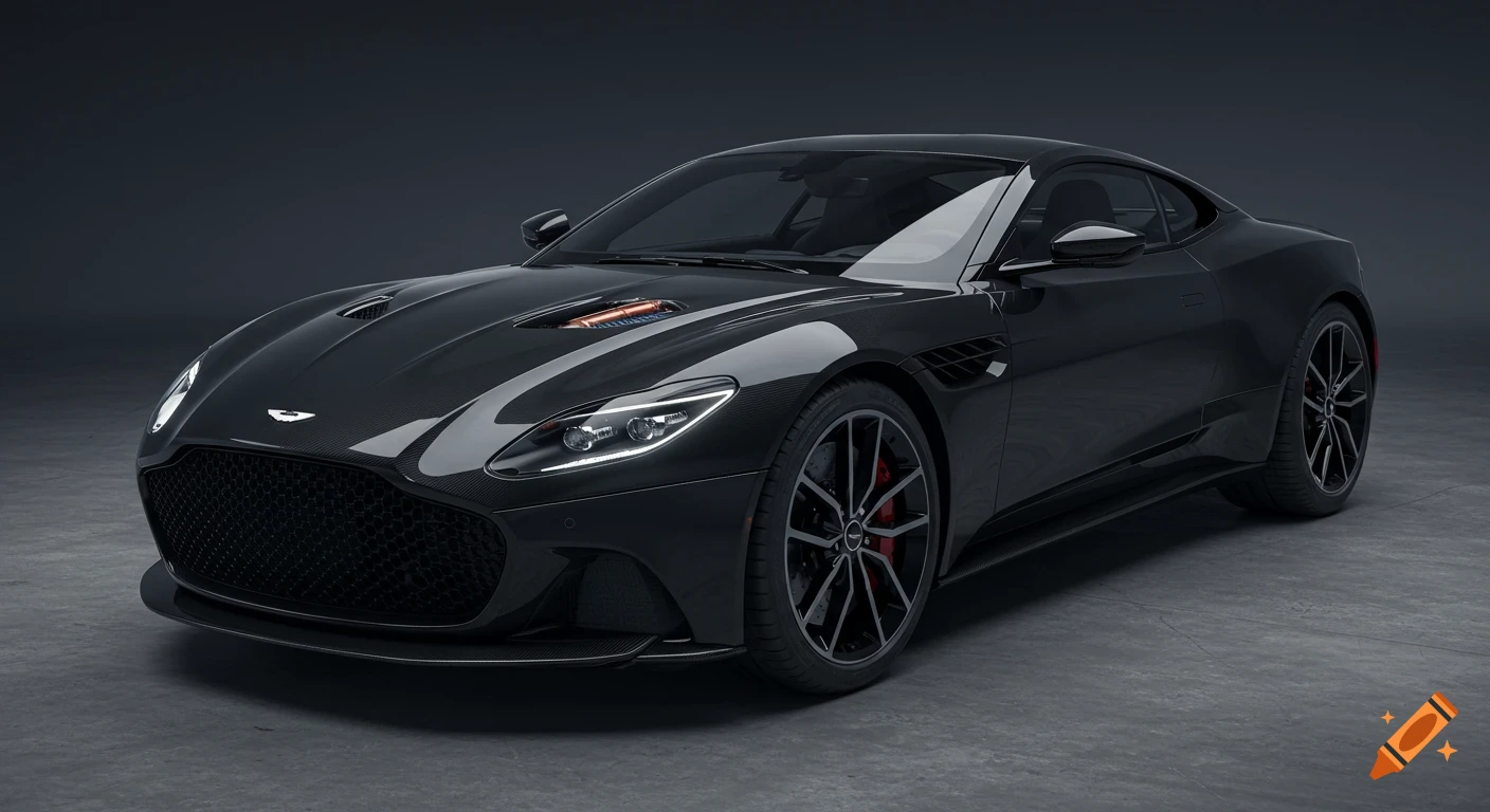 A sleek, glossy black carbon fiber Aston Martin sports car with an exposed engine, parked in a studio.