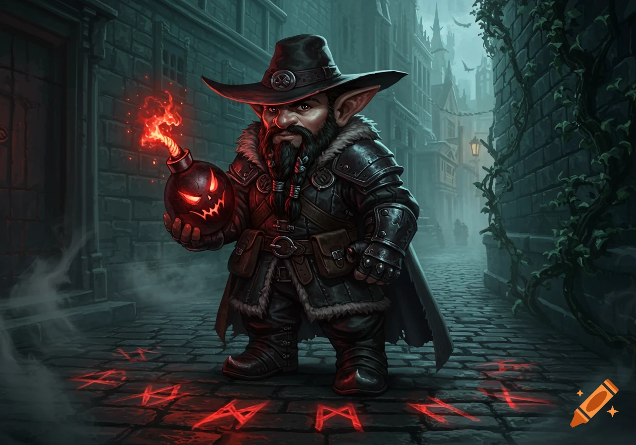 A heavily armored gnome rogue in a wide-brimmed hat holds a glowing jack-o'-lantern bomb on a foggy, dark city street with glowing red runes.