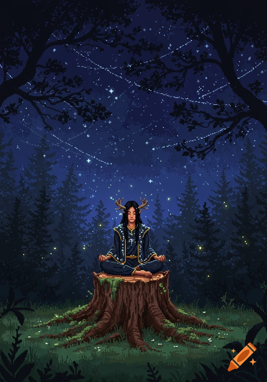 A pixel art image of a druid with antlers sitting on a tree stump in a forest under a starry night sky.