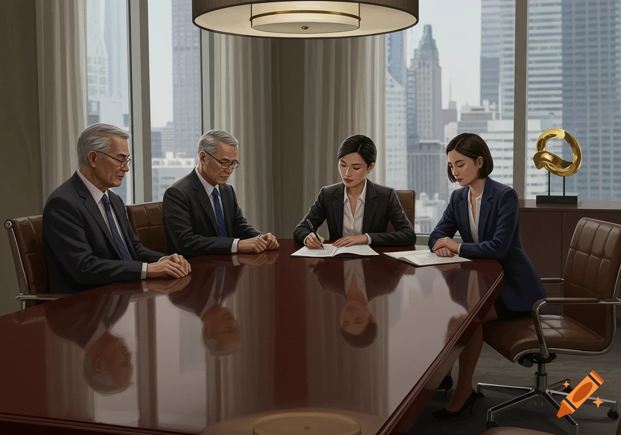 Four people in business attire sit at a large polished table in a modern boardroom, with city skyscrapers visible outside a large window. One woman signs documents while others observe.
