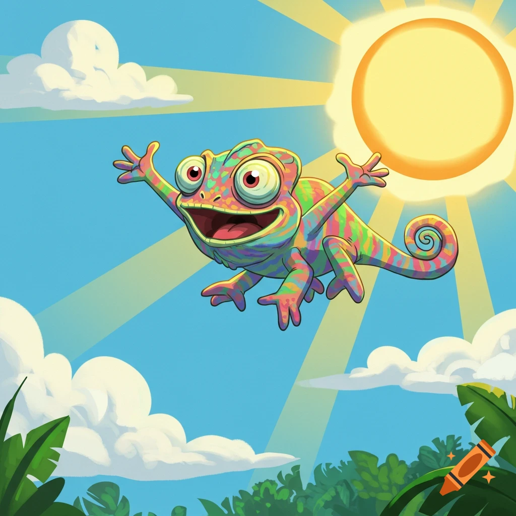 A colorful cartoon chameleon with big eyes jumps happily in a bright blue sky with a shining sun and green foliage below.