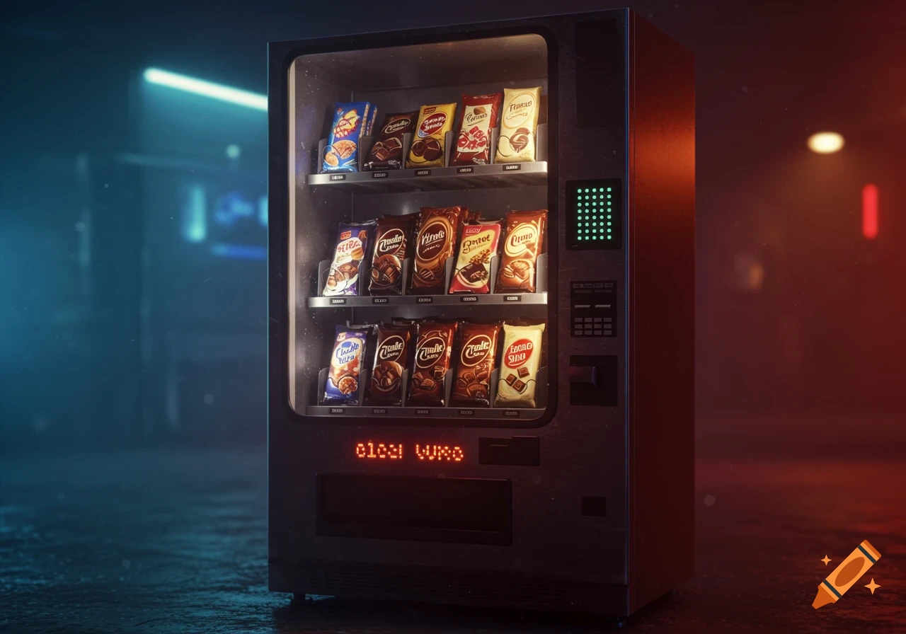 Photorealistic vending machine filled with chocolate bars and snack packages in a dark setting with neon blue and red light.