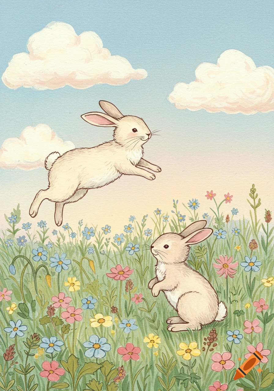 Two cute bunnies play in a vibrant field of colorful flowers under a cloudy sky, in a charming hand-drawn illustration style.