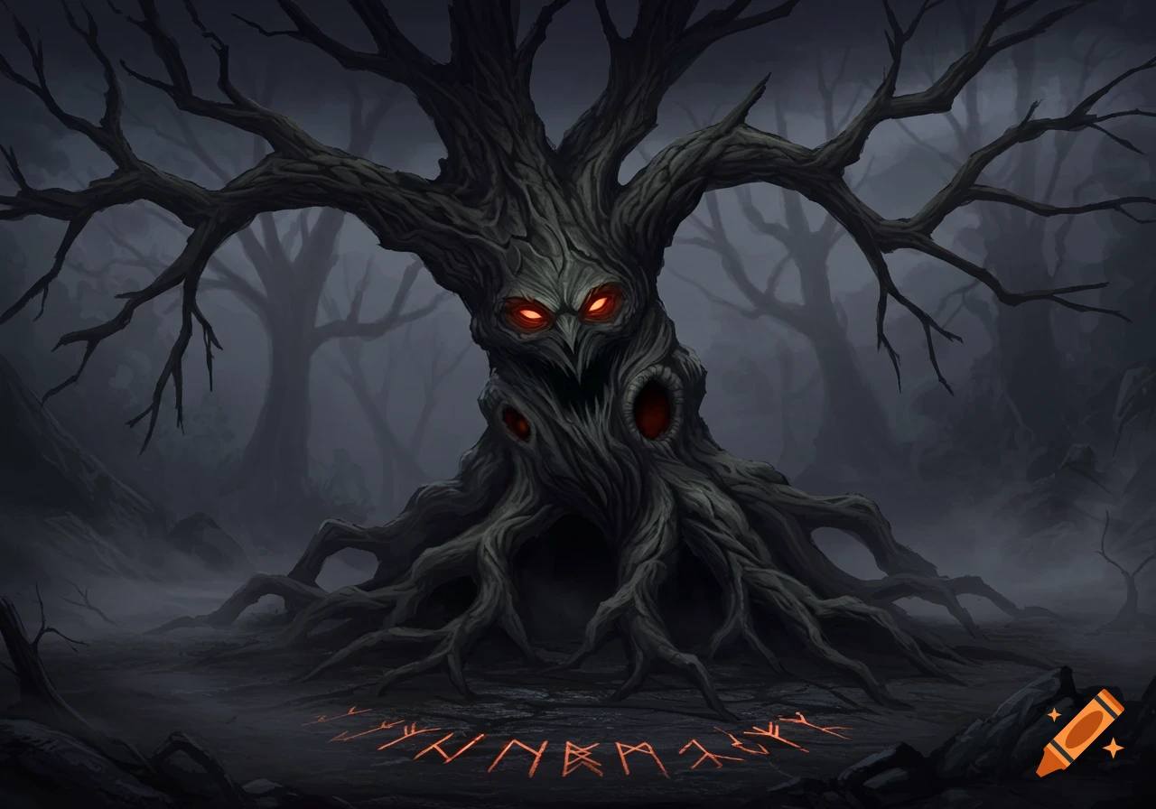 A menacing, gnarled tree with glowing red eyes and multiple red orifices stands in a dark, foggy forest. Glowing orange runes are on the ground in front of it.