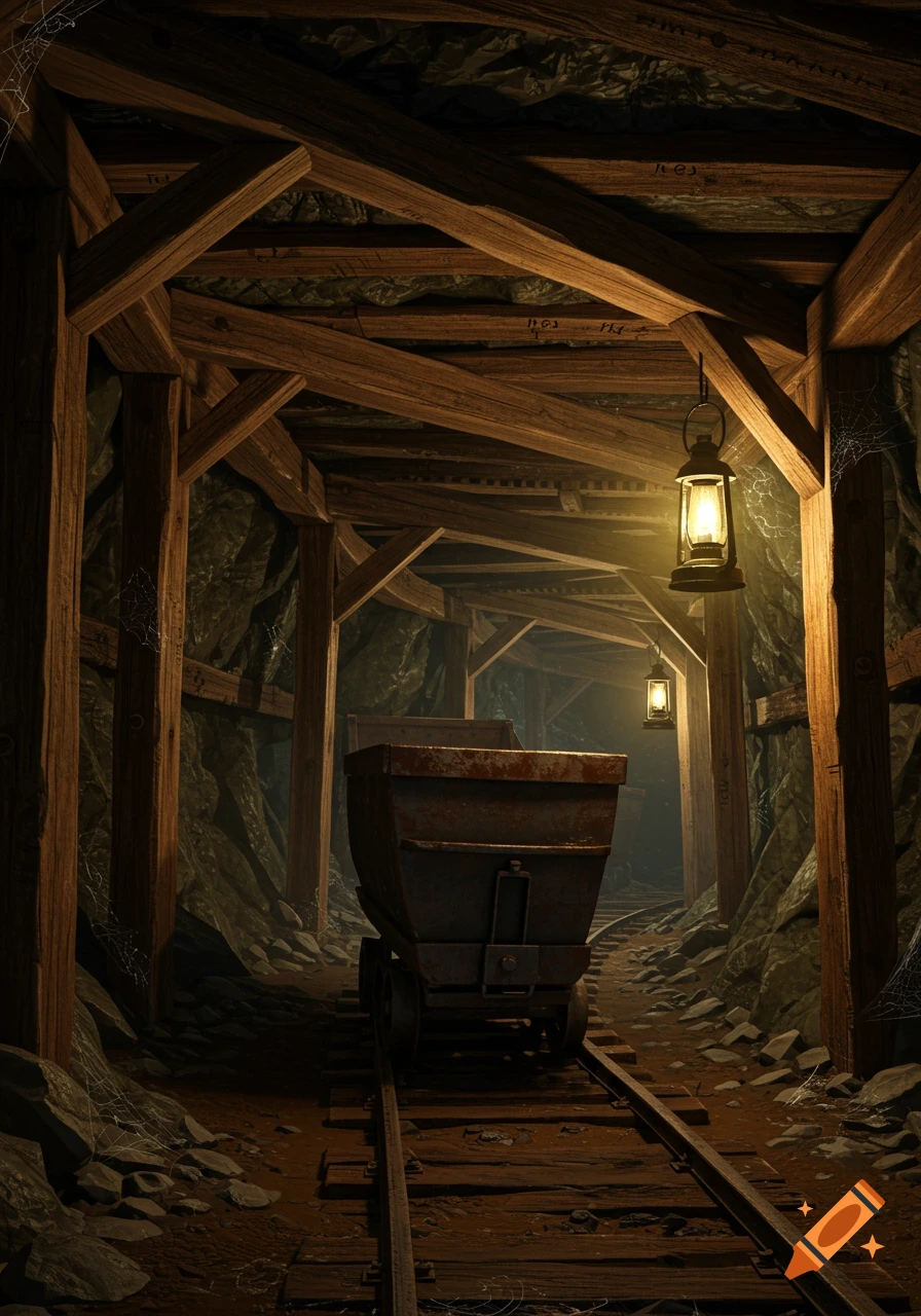 A dark, atmospheric mine tunnel with wooden supports, glowing lanterns, and a rusty mine cart on tracks.