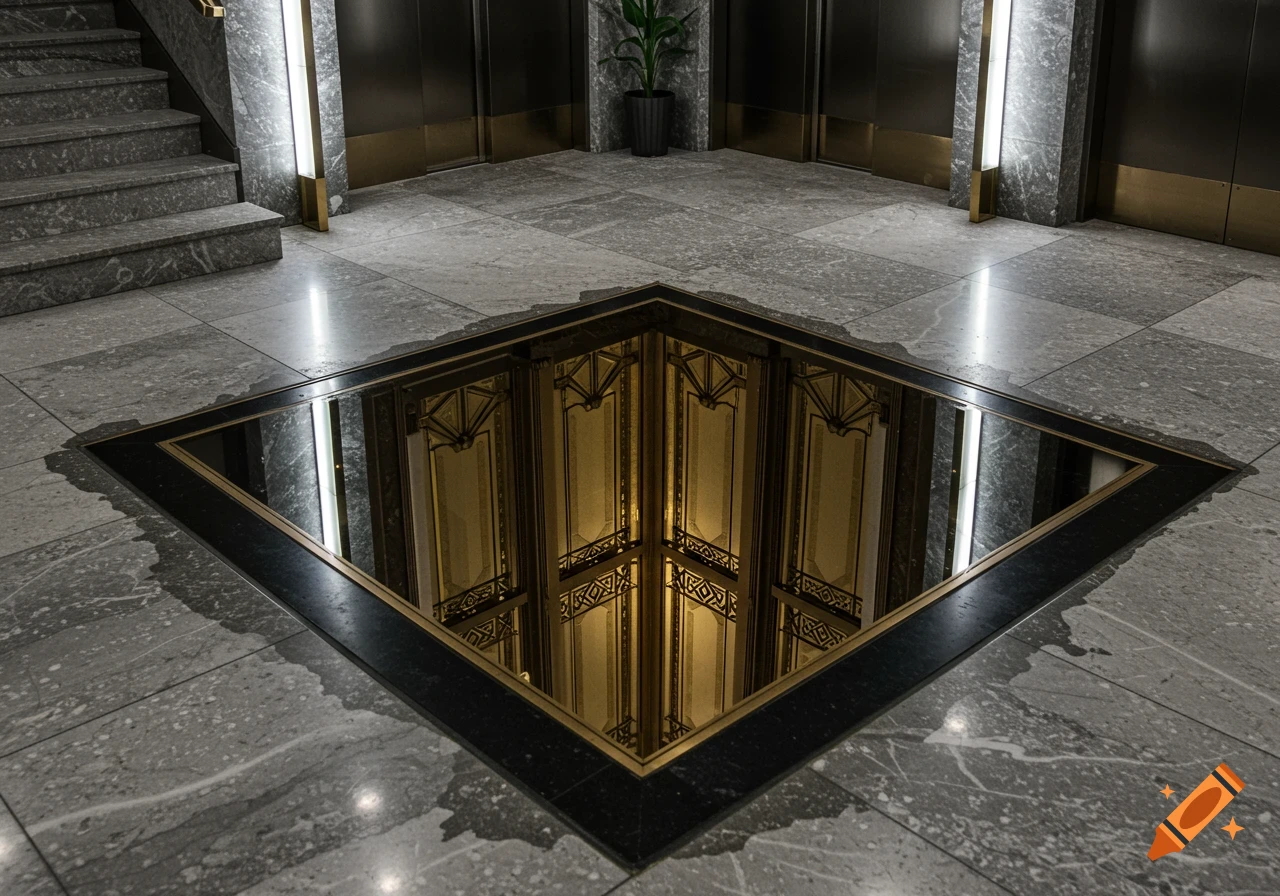 A modern lobby with a square mirror on the floor reflecting an ornate Art Deco elevator.