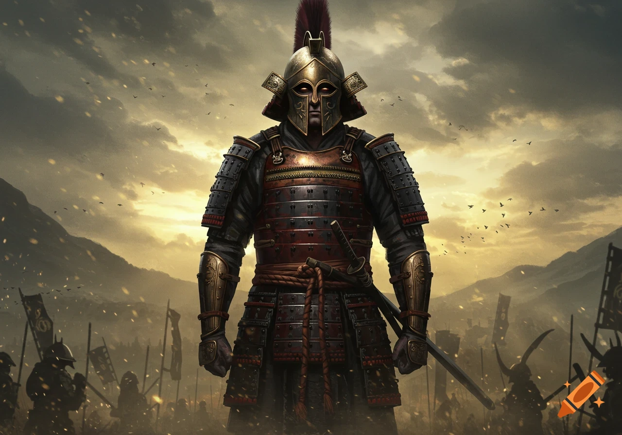 A warrior in golden Corinthian helmet and dark samurai armor stands on a smoky battlefield at sunset.