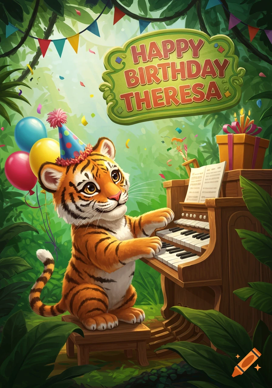 A cute cartoon tiger cub in a party hat plays an organ in a vibrant jungle with balloons and a 'Happy Birthday Theresa' sign.