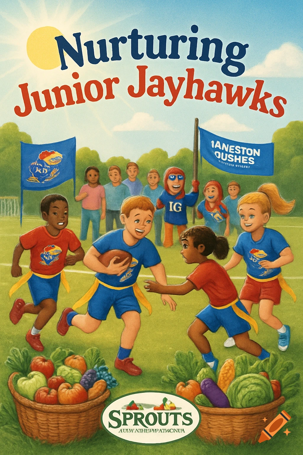 Illustration of diverse children playing flag football on a field, with baskets of fresh produce in the foreground. Text reads "Nurturing Junior Jayhawks" and "Sprouts." Clear blue sky with sun above.