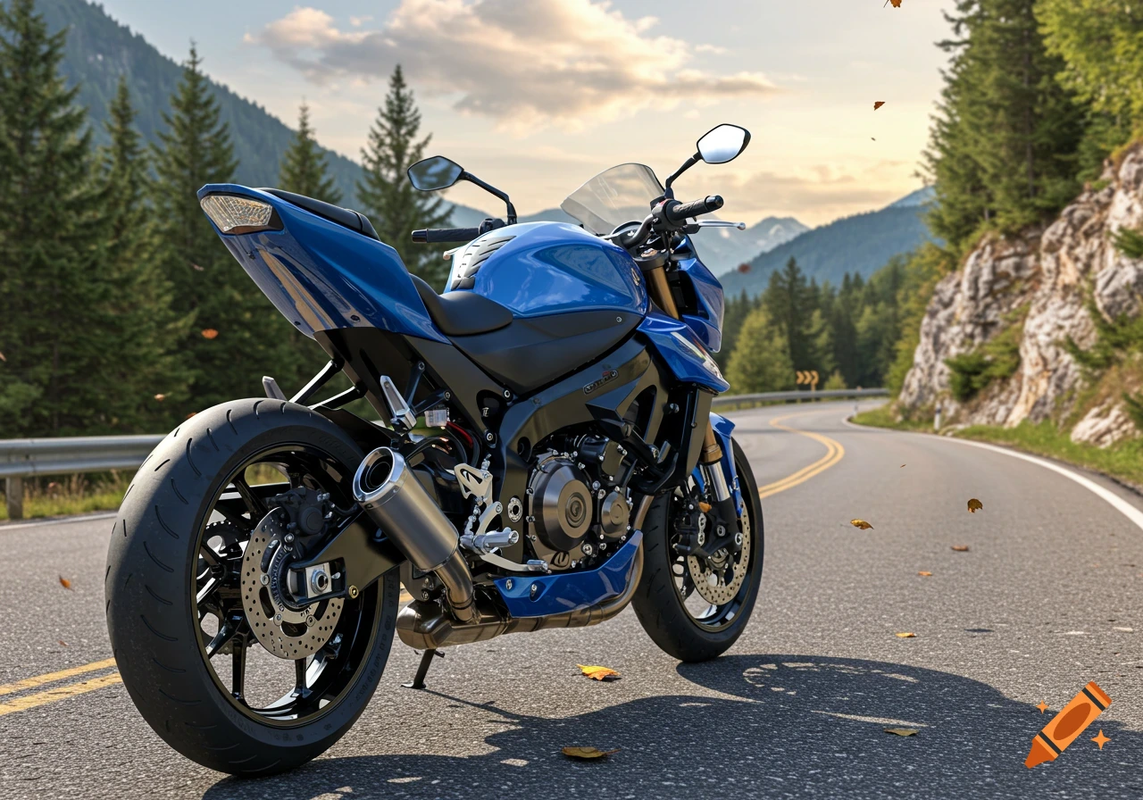 A blue Suzuki motorcycle parked on a winding mountain road with pine trees under a cloudy sky.