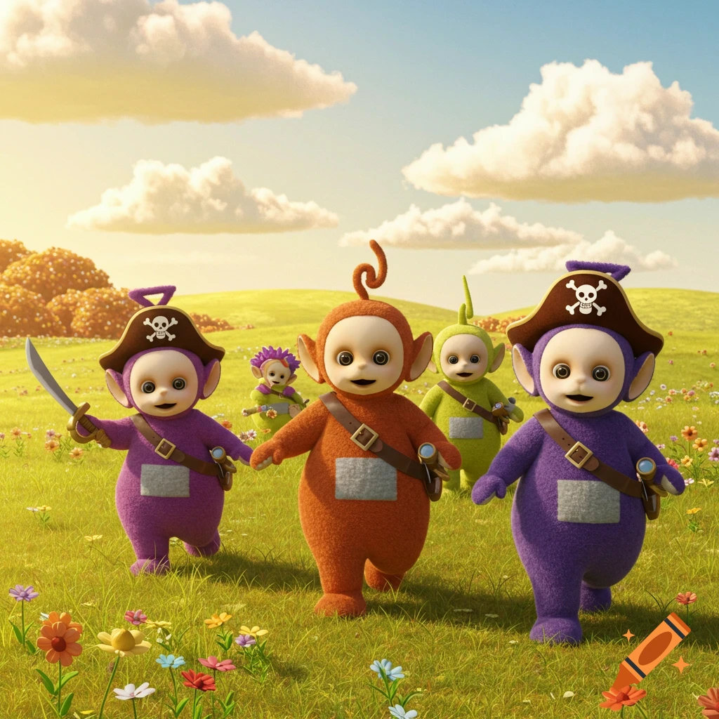 Four Teletubbies dressed as pirates, with hats, sashes, and one with a sword, walk through a sunny field of flowers.