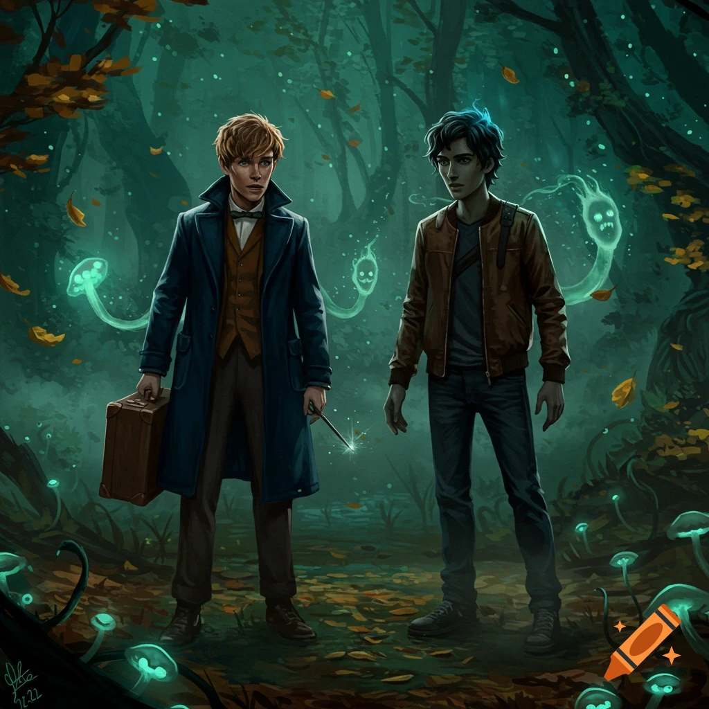 Newt Scamander and Nico di Angelo stand in a dark, enchanted forest with glowing mushrooms and spectral figures.