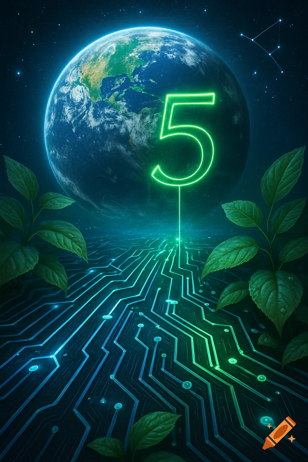 Green number 5 rising from a circuit board towards Earth in space, surrounded by glowing lines and green plants.