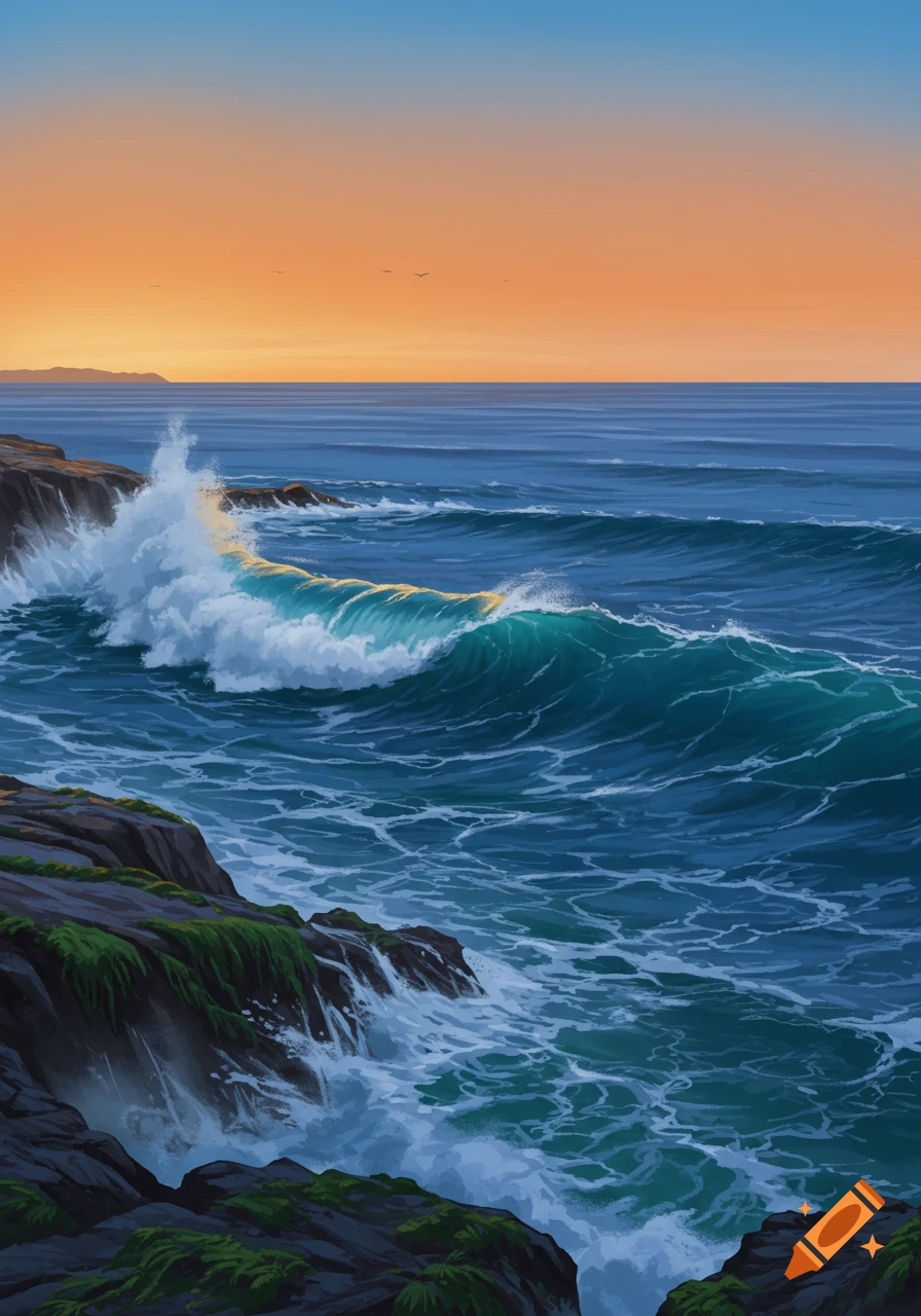 Illustration of large ocean waves crashing on mossy cliffs under an orange and blue sunset sky.