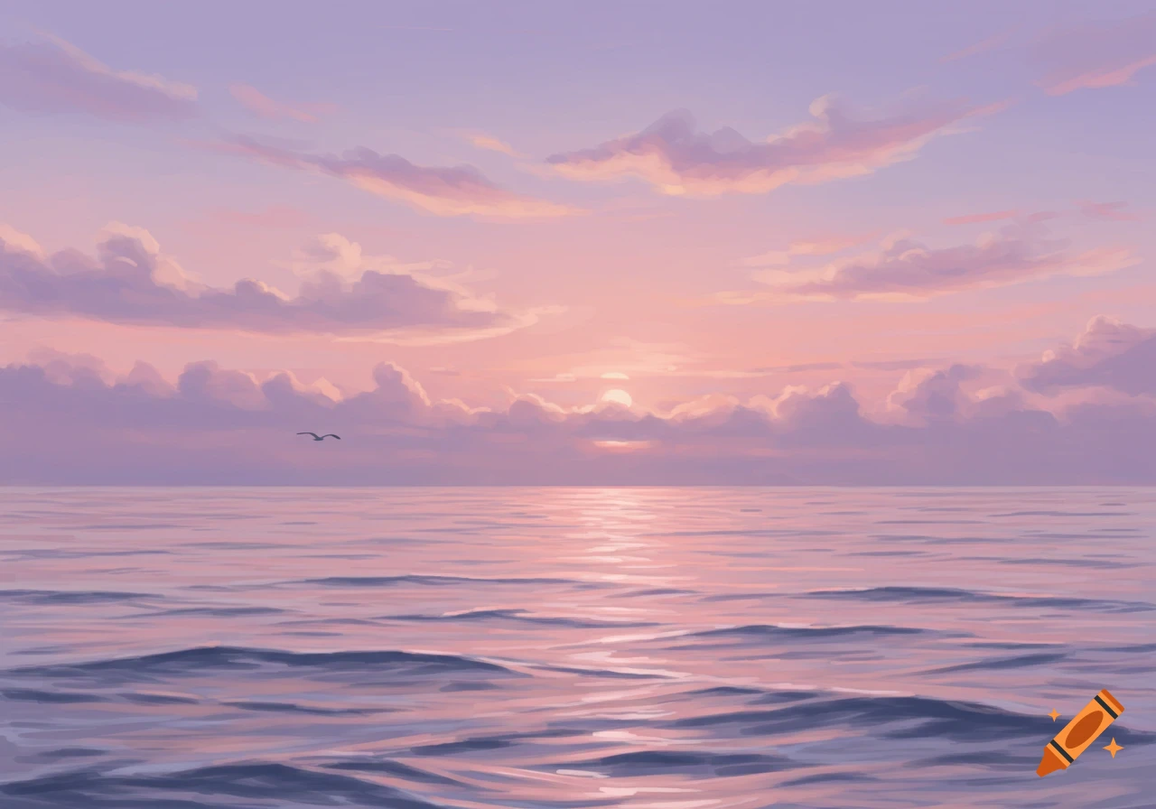 A serene, painterly seascape at sunset, with a pink and purple sky reflecting on the calm ocean waves and a bird flying.