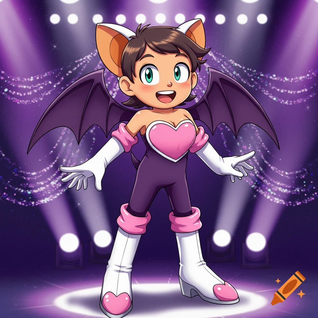 Cartoon boy in a purple and pink bat costume with wings, gloves, and boots, standing on a lit stage.