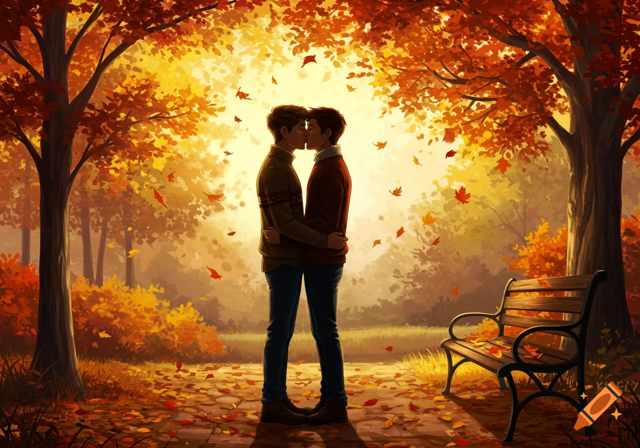 Illustration of two men kissing and embracing in an autumn park with falling leaves and golden light.