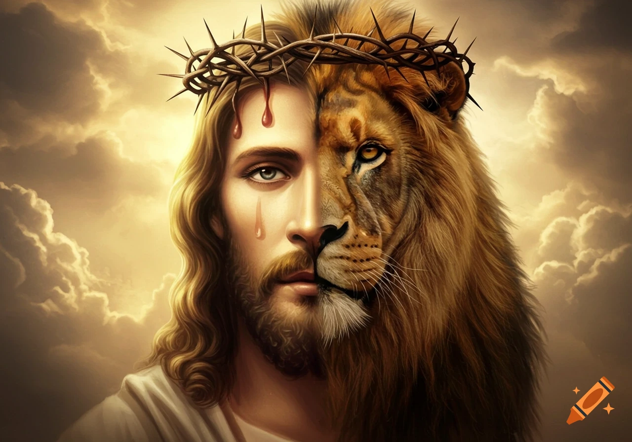 Digital art of Jesus's face and a lion's face merged, wearing a crown of thorns with blood drops, against a golden cloudy sky.