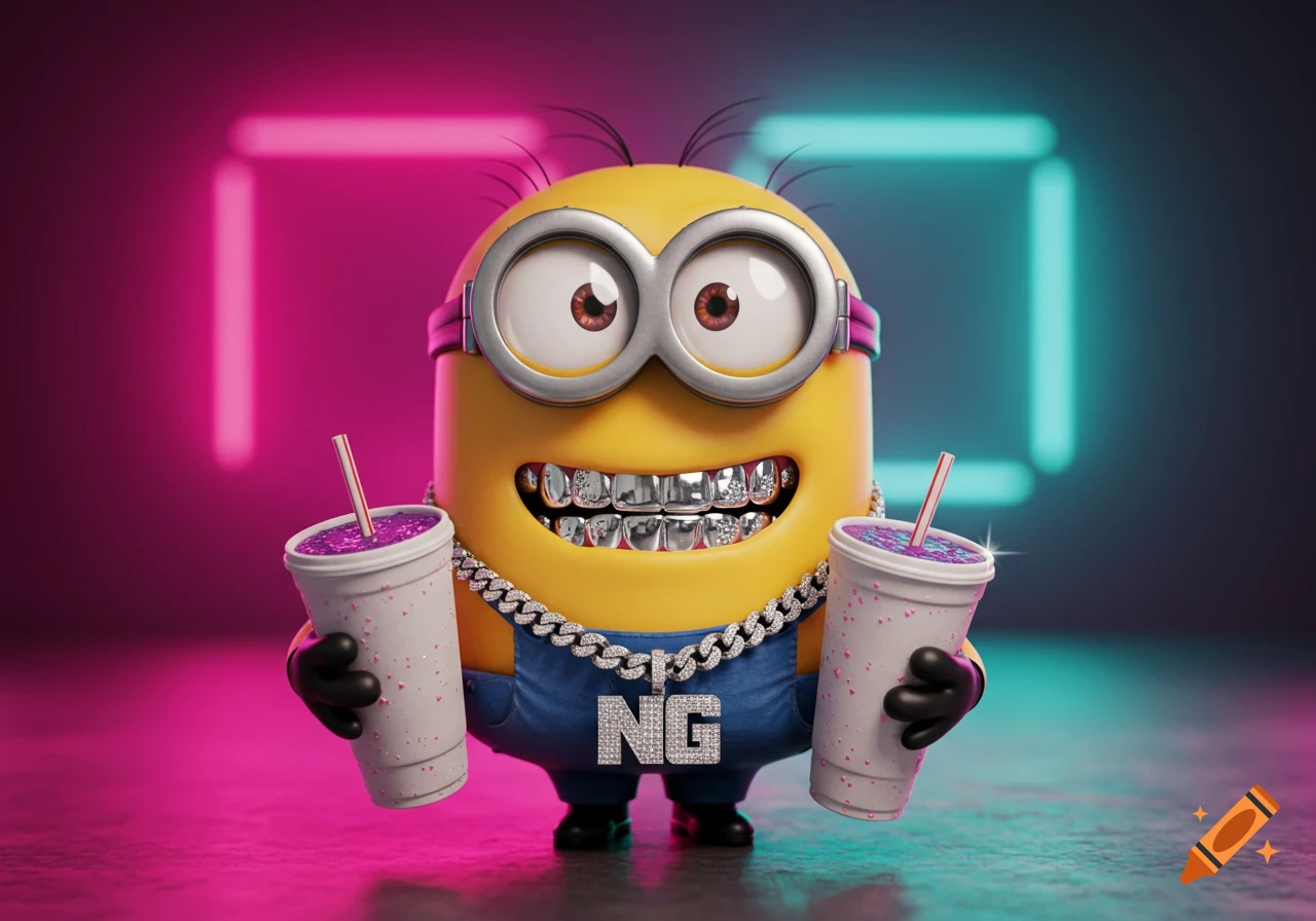 A Minion character with diamond grills and a diamond necklace featuring 'NG' holding two foam cups with purple drinks, against a neon pink and blue background.