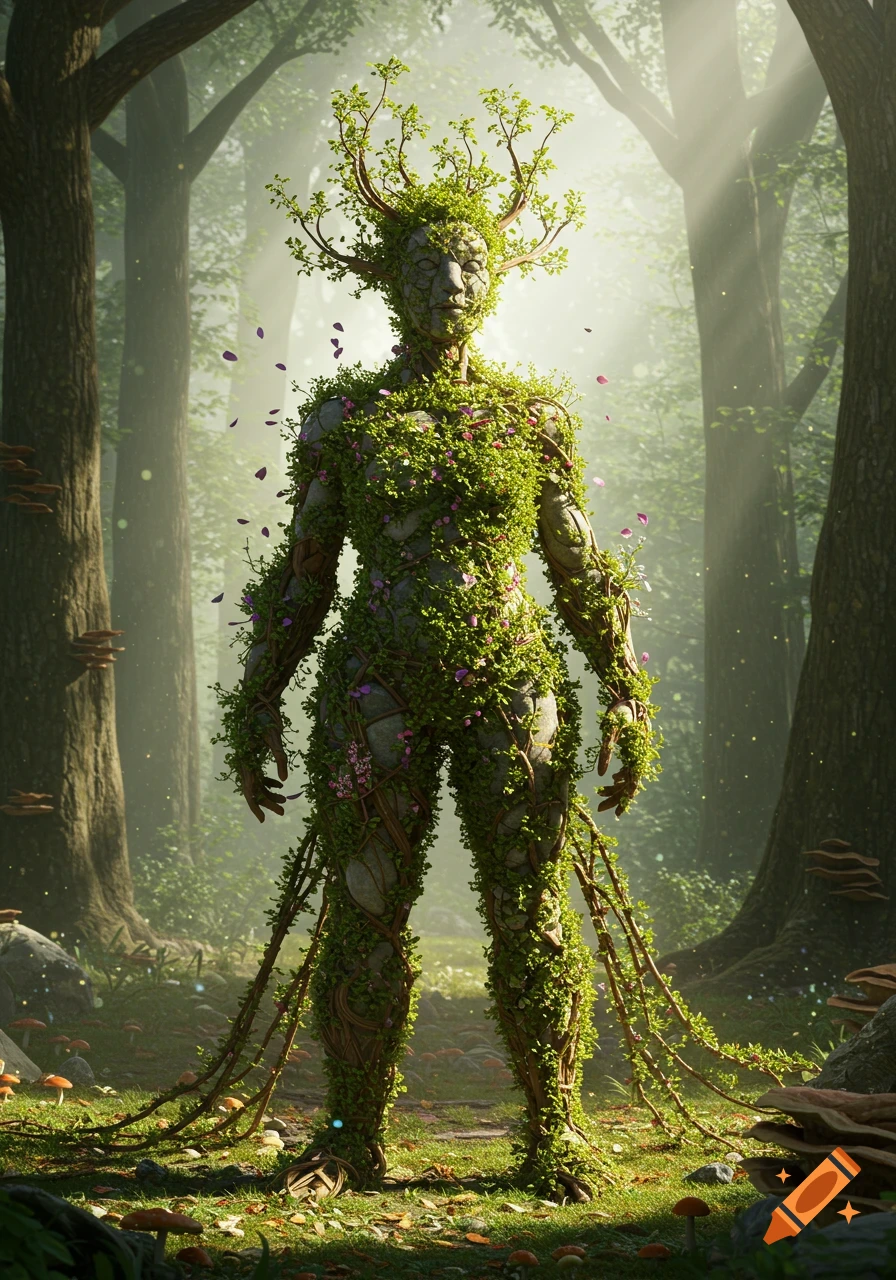 A majestic, moss-covered humanoid figure with leafy antlers stands in a misty, sunlit forest.