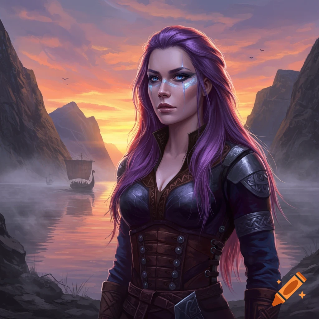 A digital painting of a Viking woman with purple hair and blue eyes in armor, standing by a lake with longboats at sunset.