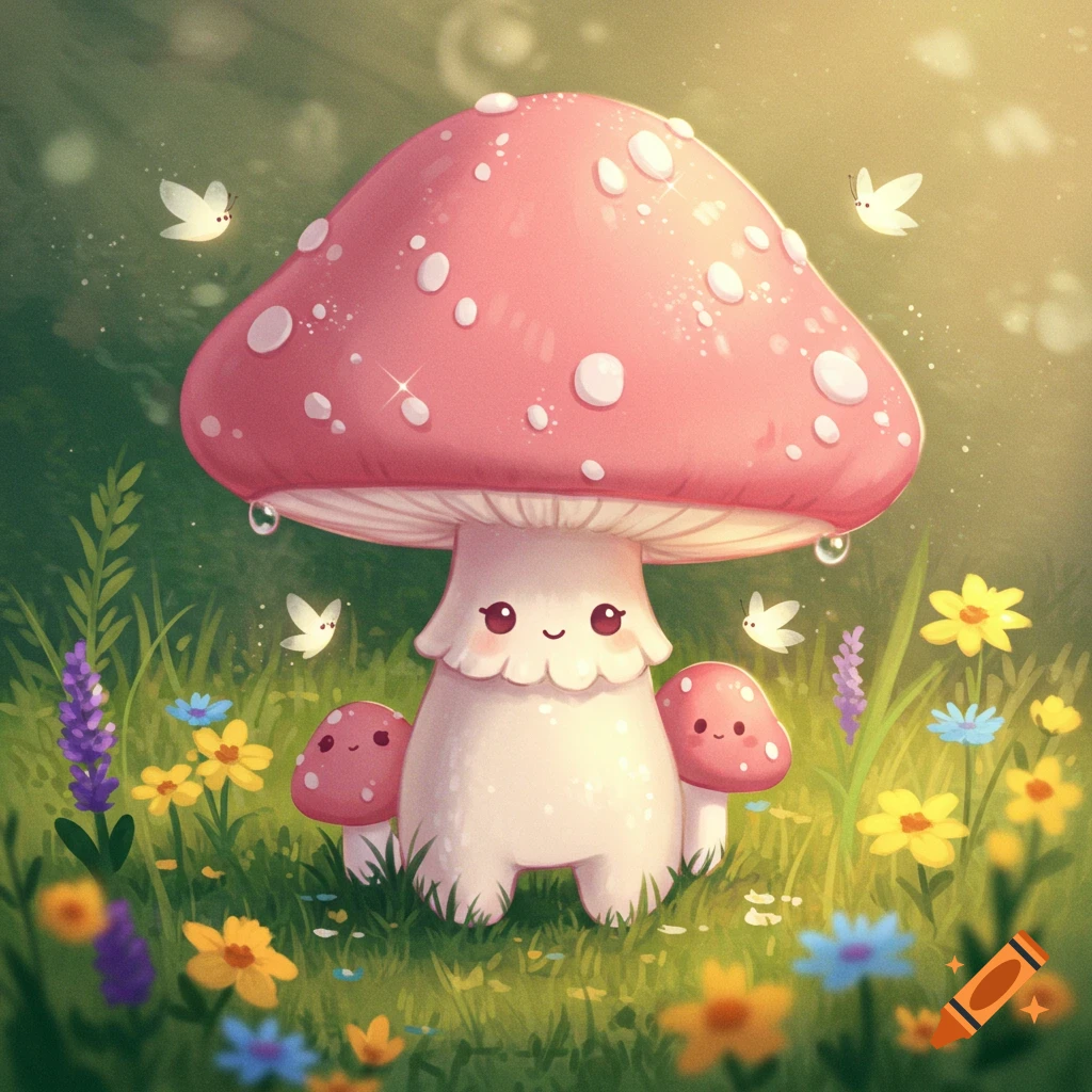A cute, smiling pink mushroom character stands in a magical forest with colorful flowers and glowing fireflies.