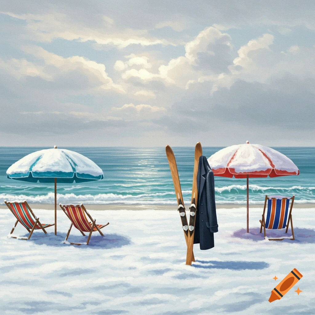 A surreal snowy beach scene with blue and red beach umbrellas, striped chairs, wooden skis, and a dark coat by the ocean.