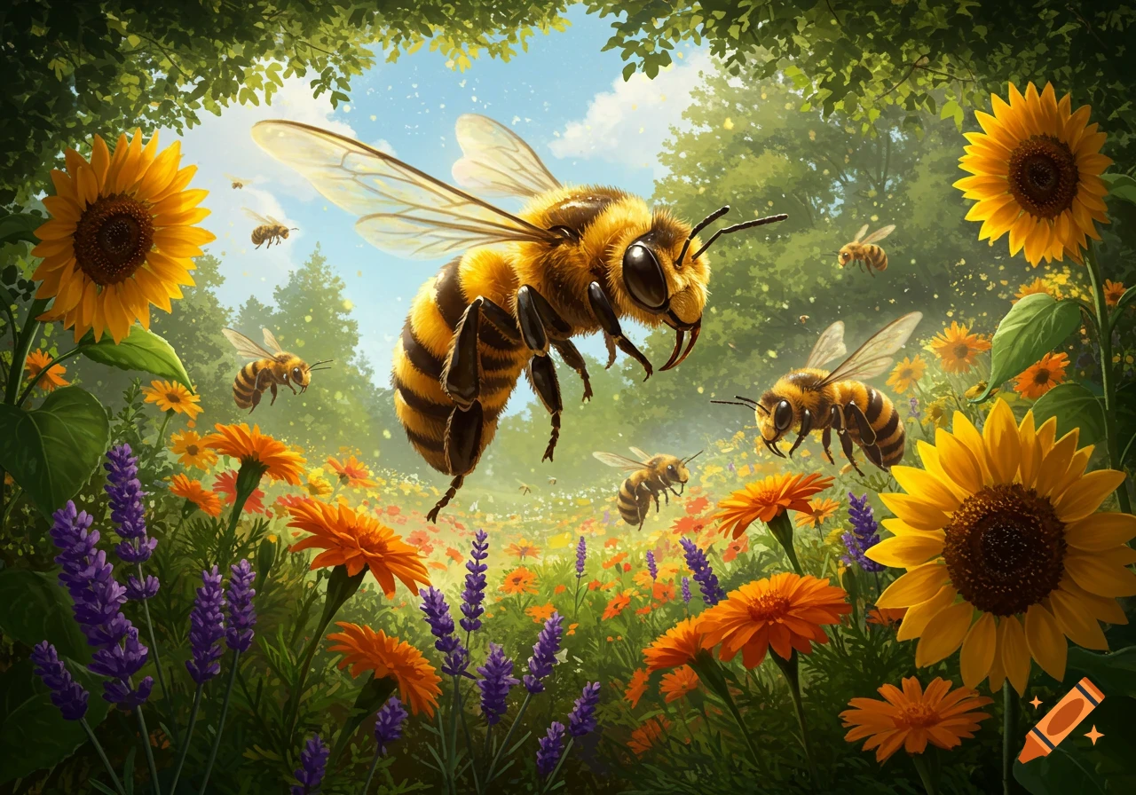 A large fuzzy bee flies over a vibrant flower garden with sunflowers, lavender, and other blooms under a bright sky, surrounded by smaller bees.
