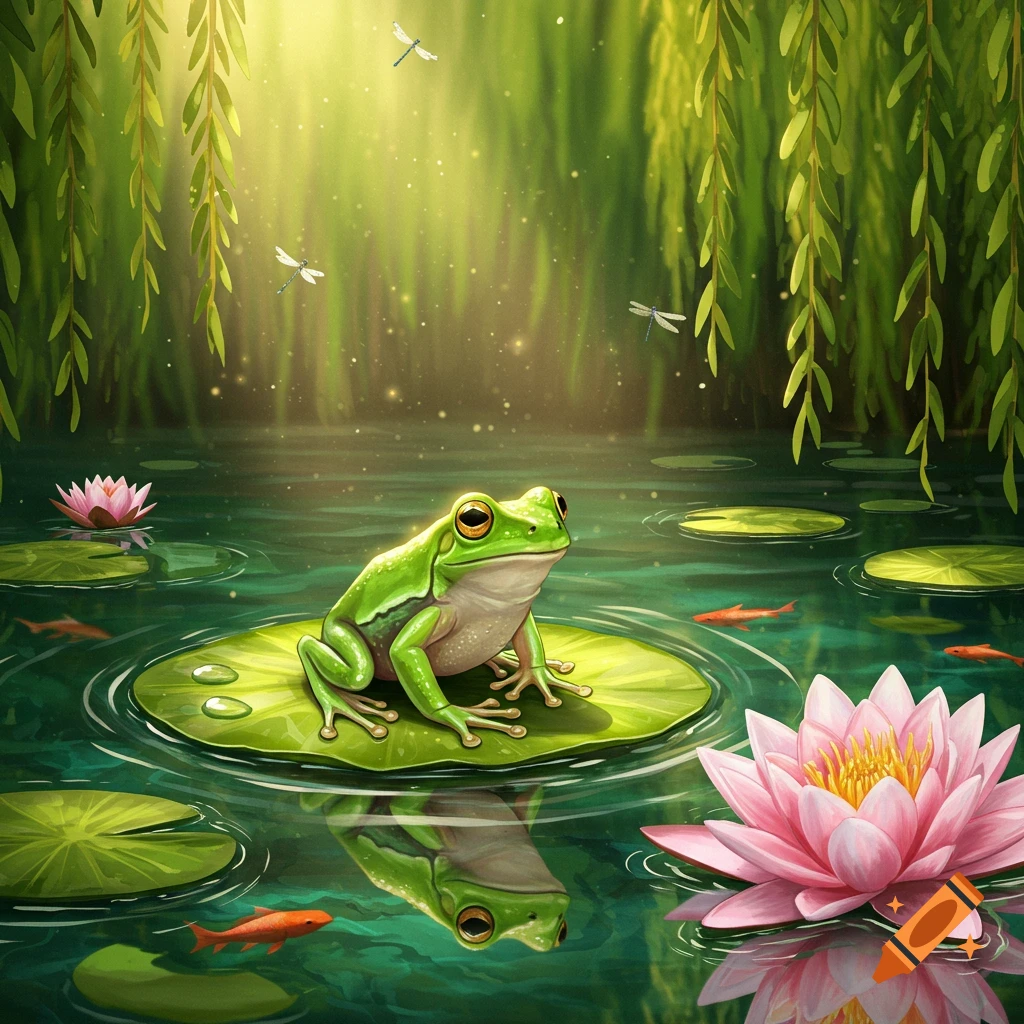 Vibrant green frog on a lily pad in a pond with pink water lilies, dragonflies, and fish under weeping willows, illustration style.