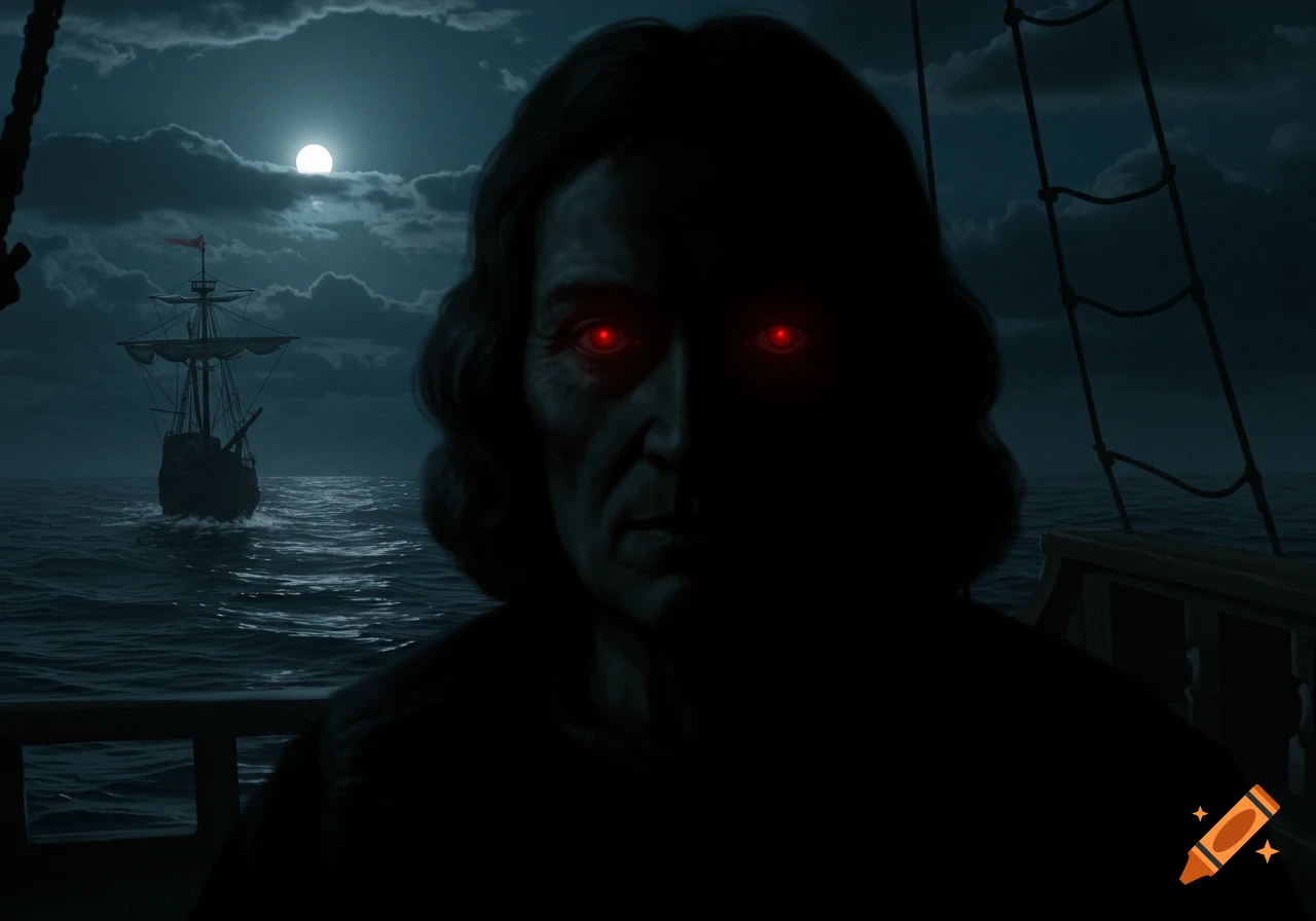 A close-up of a man with red glowing eyes, partially obscured by darkness, on a ship's deck at a dark, moonlit night at sea. Another ship sails in the background.