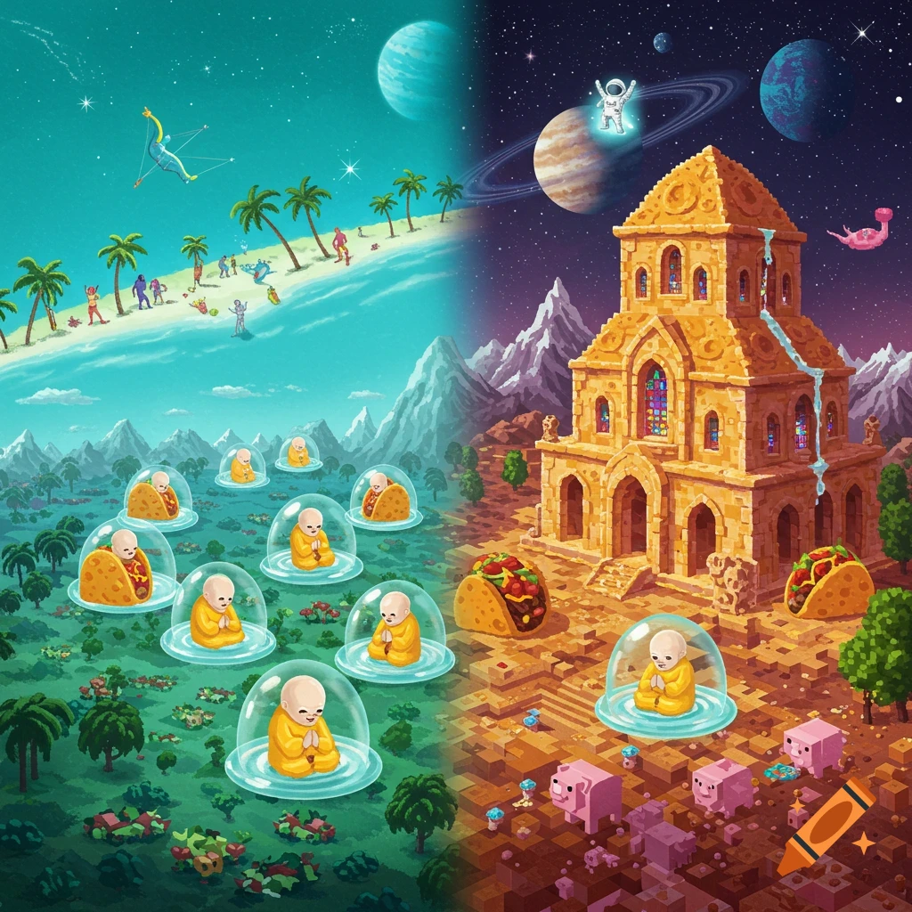Vibrant pixel art split scene with a turquoise beach, monks in bubbles, and a blocky desert with a taco temple, planets, and an astronaut.