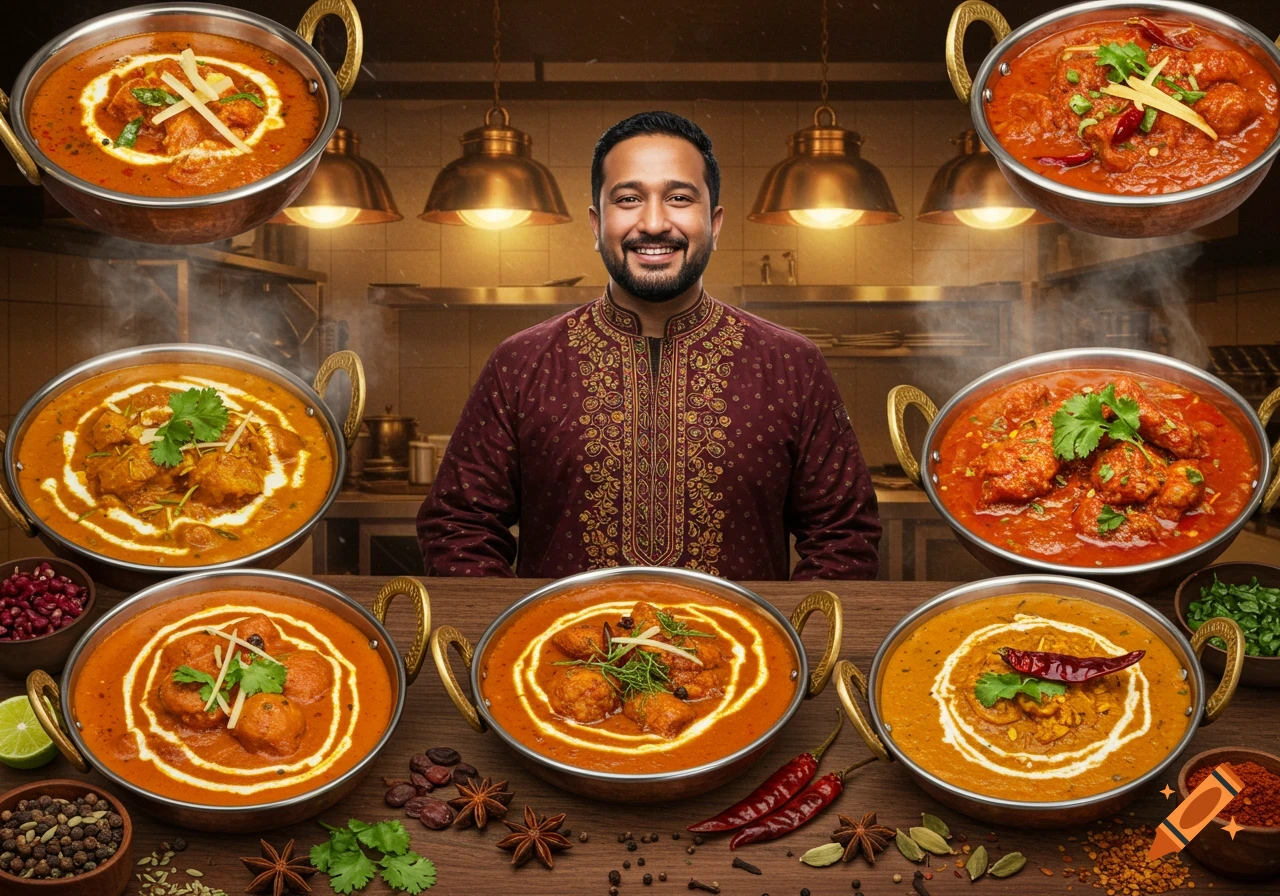 A smiling Indian man in a kitchen presenting many bowls of colorful, steaming curry dishes with spices.